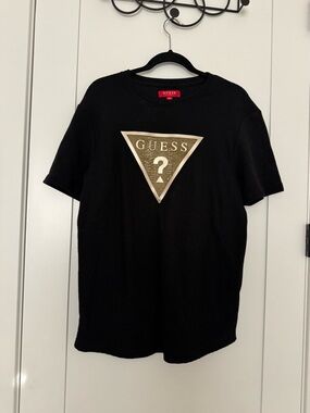 GUESS Black Short Sleeve Tee with Gold Triangle Logo